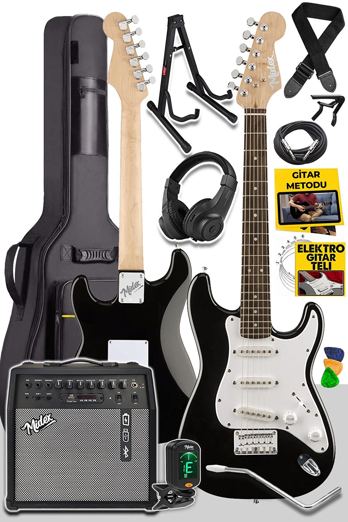 Midex RPH30WH-50AMP Elektro Gitar Seti 50 WATT Bluetooth Şarjlı Amfi Kulaklık Full SET